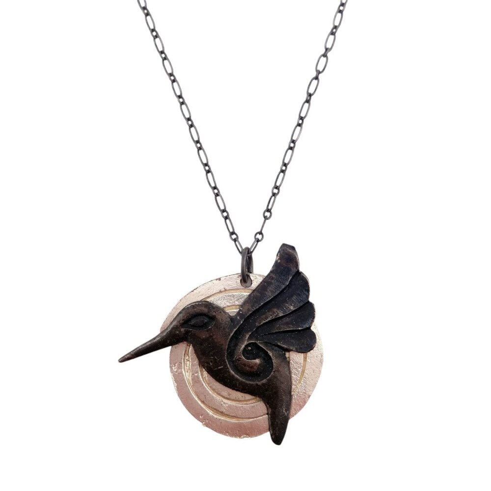 Anju Antiqued Pewter Hummingbird Shiny Pewter Round Spiral Pendant Necklace -NEW